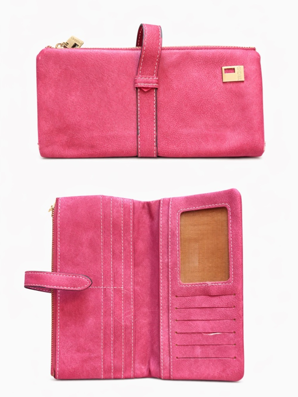 Women's Pink Suede Long Wallet with Card Slots and ID Window
